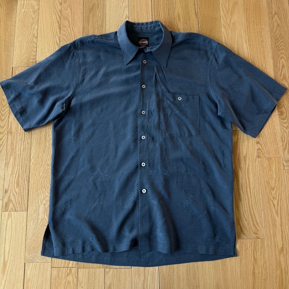 Harley Davidson 100% Silk Motorcycle All Over Embroidery Navy Button Up Mens L - Picture 1 of 9
